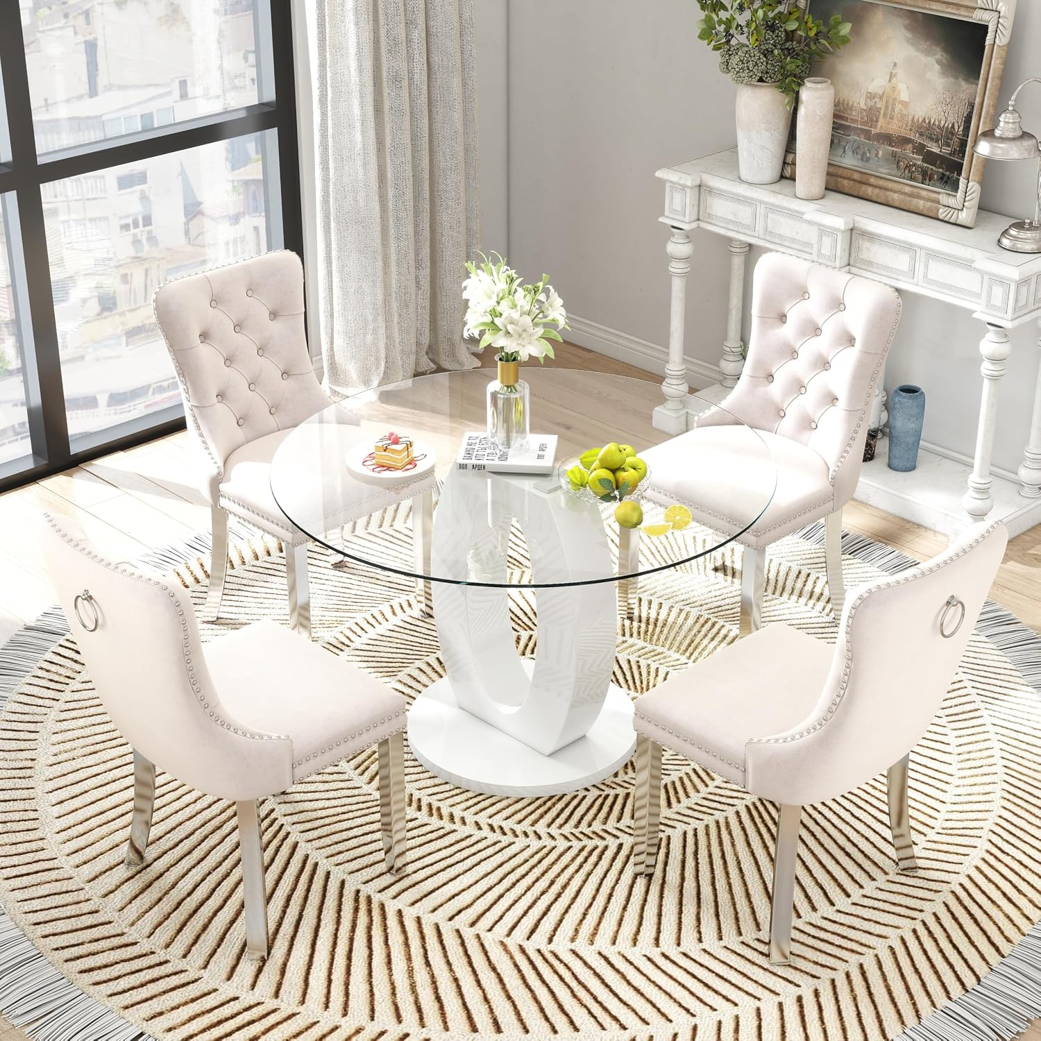 RGZ 39'' Modern Luxury Glass Round Dining Table for 4-6, Clear Circle Glass Top Kitchen Table with White MDF Base, Small Circular Minimalist Apartment Dinner Table for Home, Living Room, Tea