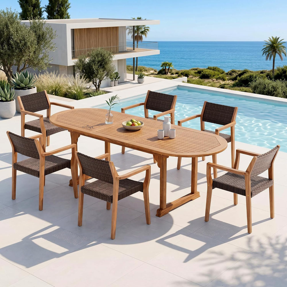 PHI VILLA Outdoor Dining Set for 6, Expandable Acacia Wood Table & Chairs
