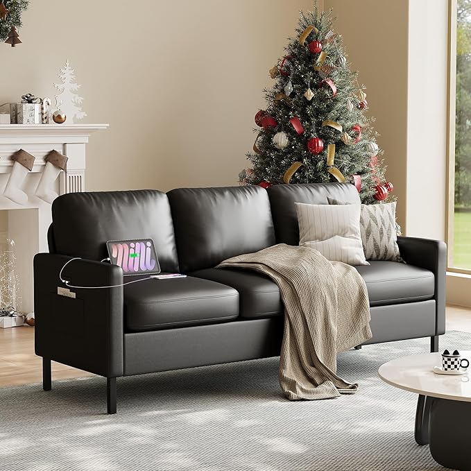 STHOUYN 72" W Faux Leather Black Sofa 3 Seat Couch, Modern Comfy Couch with 2 USB, Small Couches for Living Room Apartment Bedroom Small Spaces, Office(Black (Sofa))