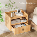 Floating Nightstand Set of 2, Modern Wall Mount Bedside Table with Drawer & Open Shelf, Space-Saving Night Stands with Charging Station, Natural Wood Finish for Bedroom