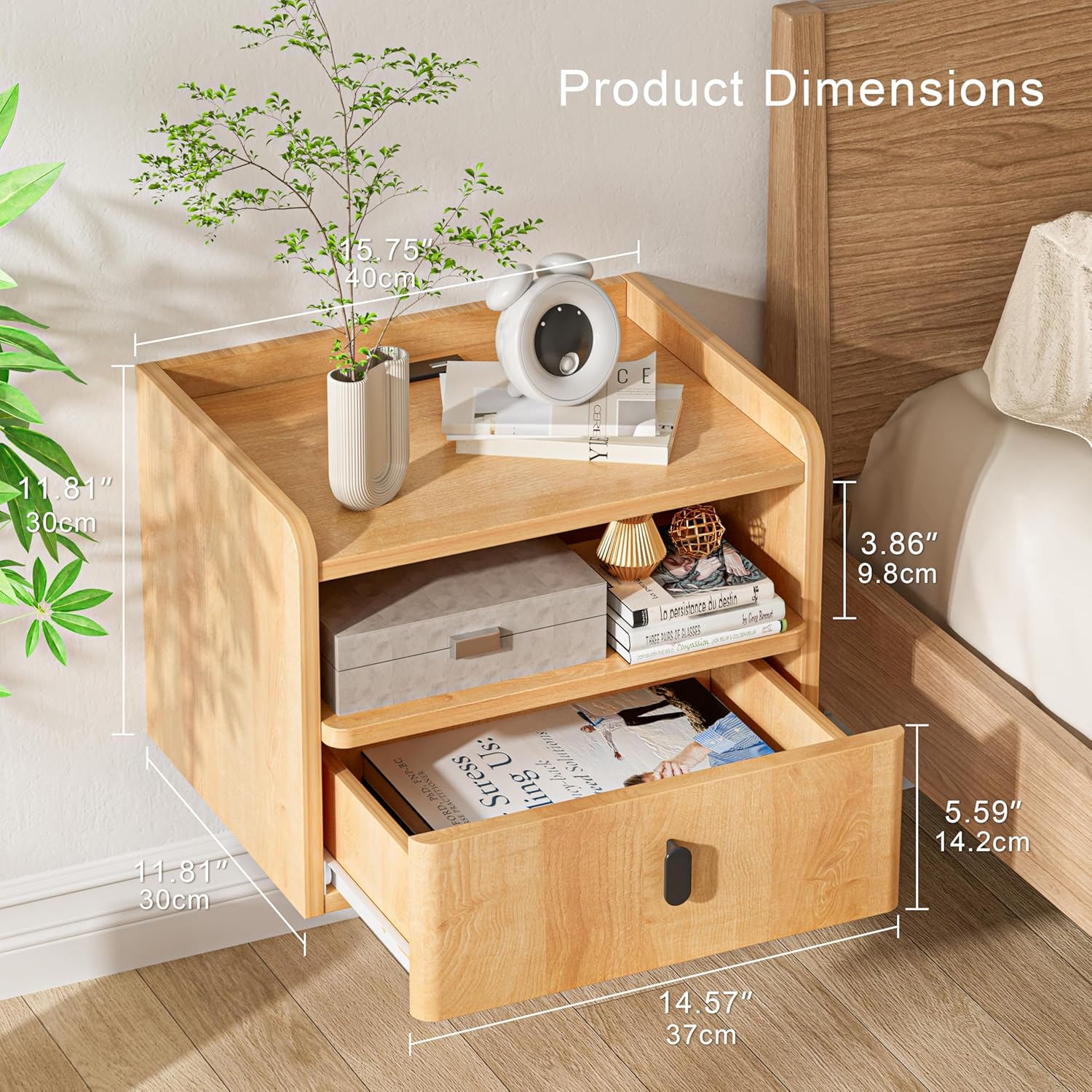 Floating Nightstand Set of 2, Modern Wall Mount Bedside Table with Drawer & Open Shelf, Space-Saving Night Stands with Charging Station, Natural Wood Finish for Bedroom