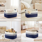 72L Large Laundry Basket with Leather Handles for Living Room Storage, Woven Rope Baskets Bin for Blanket, Kids Toy, Gifts, Wicker Hamper for Bedroom Dirty Clothes, 22"x17"x12" White Navy