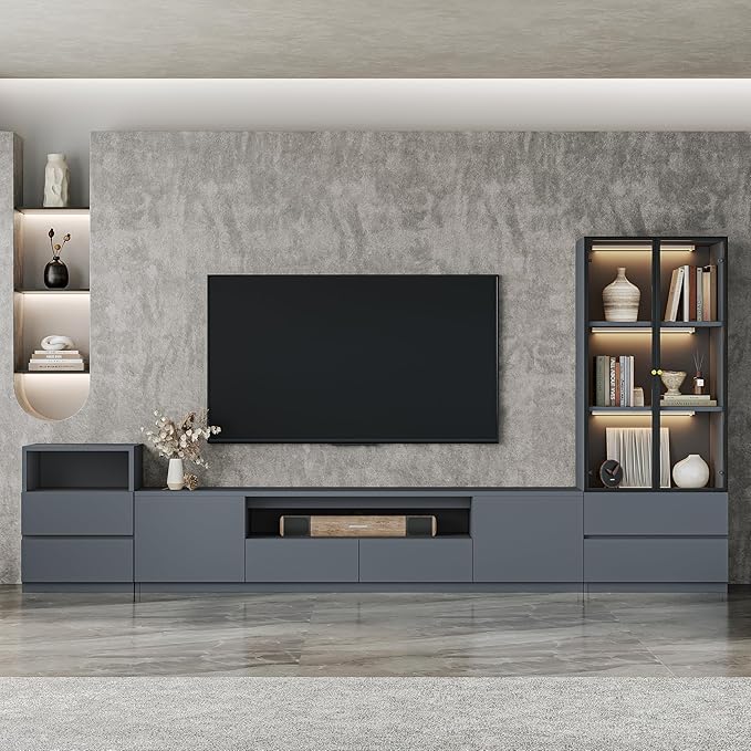122" Grey Modern Entertainment Center for 65/75/85 inch TV, Included 78inch TV Stand, Lighted Glass China Cabinet and Nightstand, 3-Piece Media Console Table for Living Room (ABC-122 Cabinets Set)