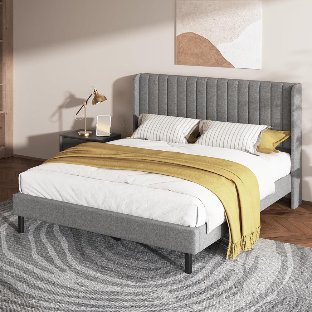 Queen Bed Frame with Vertical Channel Tufted Headboard & Wingback