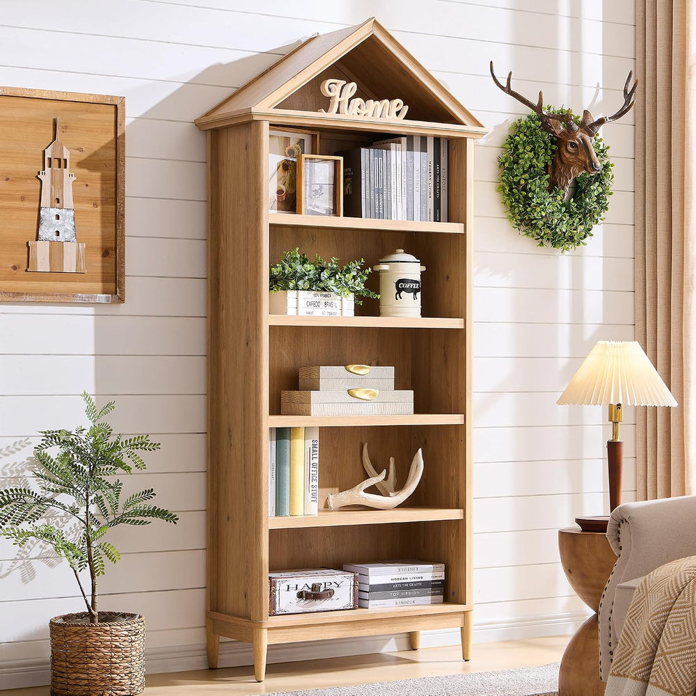 75.9" Tall Angled Arch Bookshelf, 5 Tiers Geometric Large Bookcase with ...