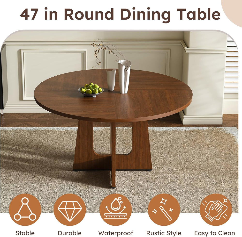 47" Round Dining Table Set for 6, Walnut Wood Grain Table and 6 Brown Su...