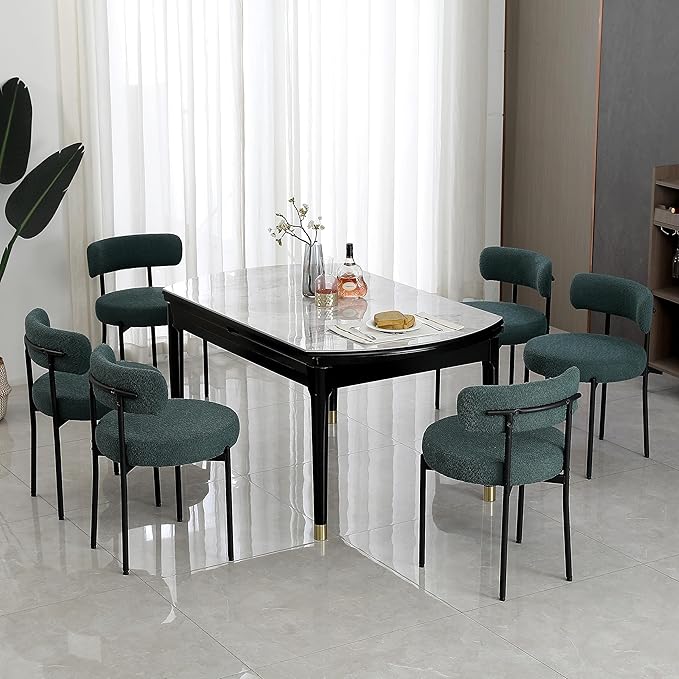 DYHOME Green Dining Chairs Set of 2, Mid-Century Modern Dining Chairs, Kitchen Dining Room Chairs, Curved Backrest Round Upholstered Boucle Sherpa Dining Chair with Black Metal Legs
