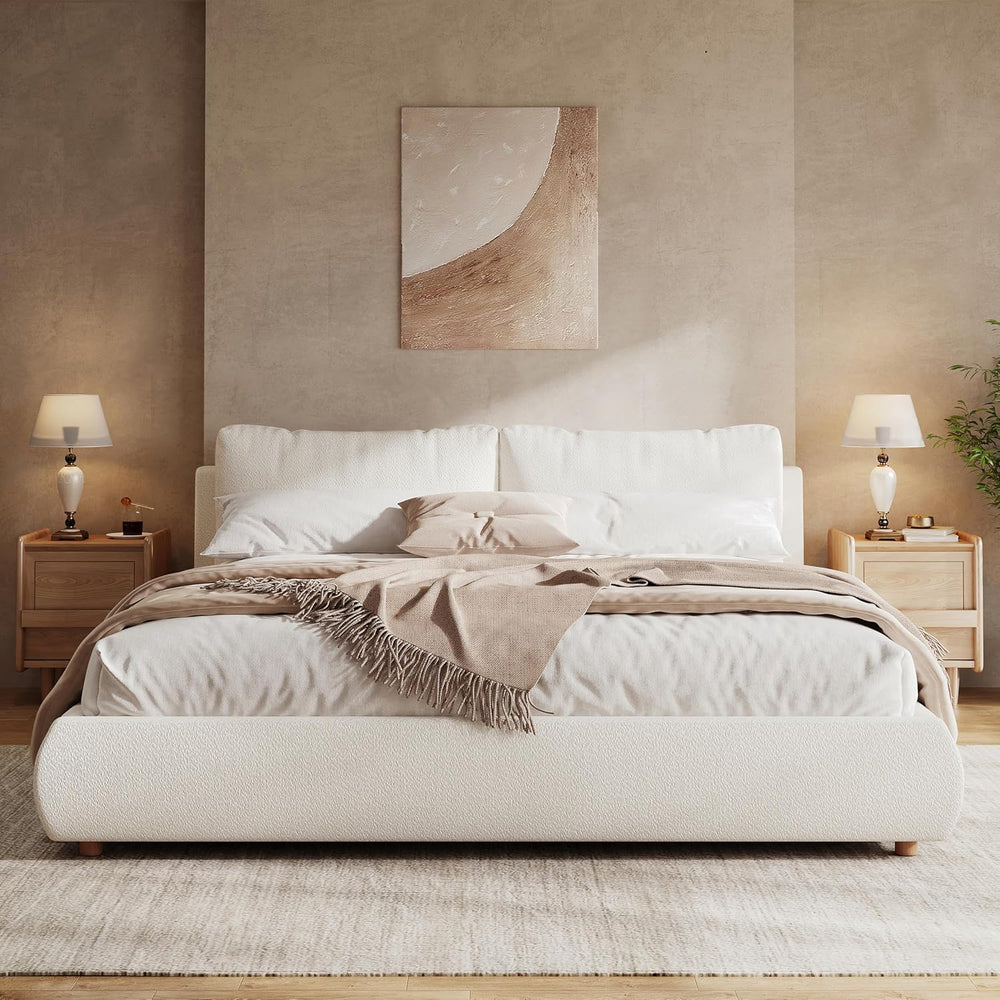Merax King Boucle Platform Bed with 2 Removable Headboard Pillows, White