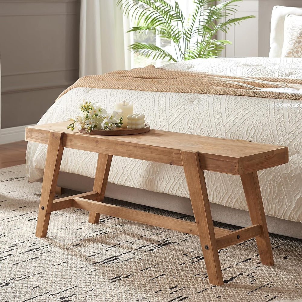 HOKYHOKY Farmhouse Solid Wood Entryway Bench – 43.4 Inches Rustic Long Bench,...