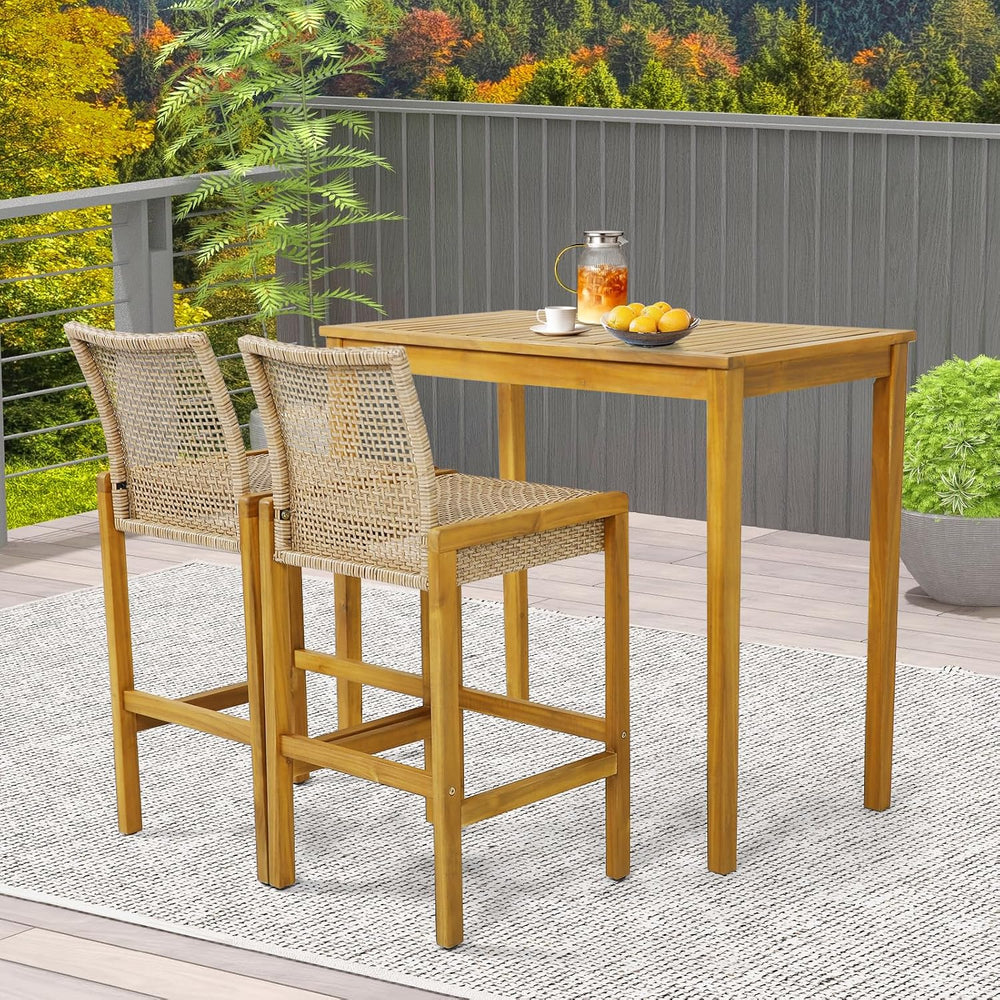 Tangkula Patio Wood Barstools Set of 2, PE Rattan Bar Height Chairs with Back...