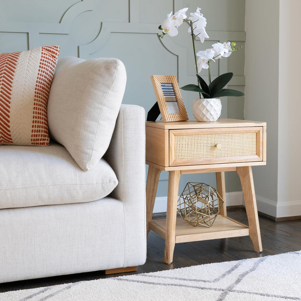 Powell Laurie Natural Wooden Side Accent Table with Cane Drawer Front