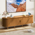 DHH 70.8 Inch Mid Century Modern TV Stand with Power Outlet for TVs up to 80 Inch, Entertainment Center with Storage and Adjustable Shelves, Media Console with Sliding Doors for Living Room(Yellow)