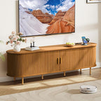 DHH 70.8 Inch Mid Century Modern TV Stand with Power Outlet for TVs up to 80 Inch, Entertainment Center with Storage and Adjustable Shelves, Media Console with Sliding Doors for Living Room(Yellow)