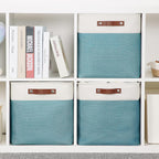 HNZIGE Foldable Storage Cubes & Baskets (3 Pack) - 13 Inch Storage Bin with Leather Handles for Toys, Clothes, Kids, Closet (White & Teal)
