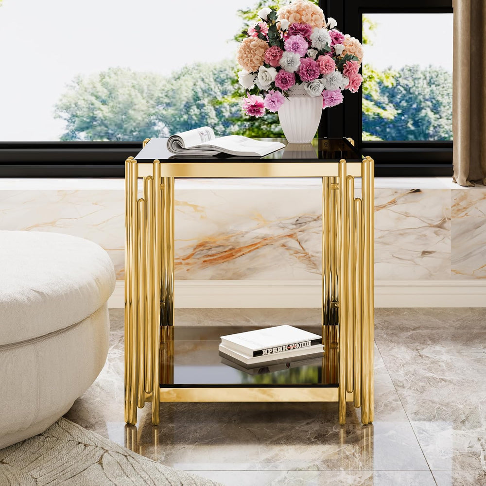 Black Mirror End Table for Living Room, Square,Asymmetrical Metal, Gold Lower...