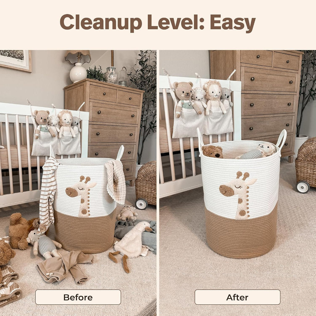 Giraffe Baby Laundry Basket, Tall Woven Rope Nursery Hamper, 20x15 in | Baby Clothes Hamper, Blanket Basket, Toy Storage, Soft Felt Animal Patch, Safari Nursery Decor, Shower Gift, Kids Room