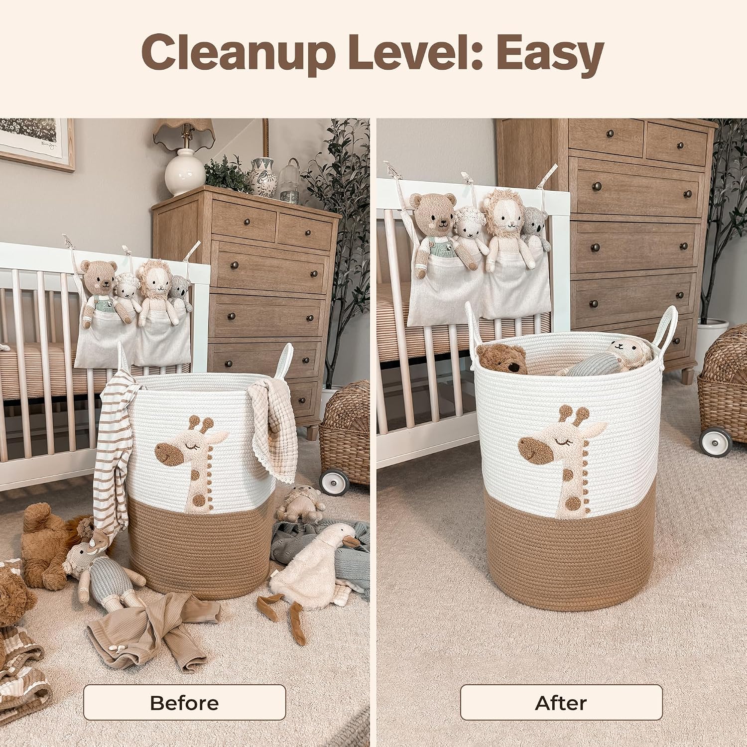 Giraffe Baby Laundry Basket, Tall Woven Rope Nursery Hamper, 20x15 in | Baby Clothes Hamper, Blanket Basket, Toy Storage, Soft Felt Animal Patch, Safari Nursery Decor, Shower Gift, Kids Room