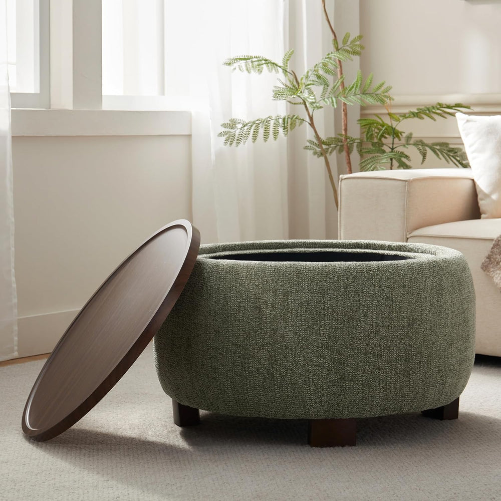VKNOW 30 Inch Fabric Round Storage Ottoman with Wood Lift-Off Lid, Green | Mo...