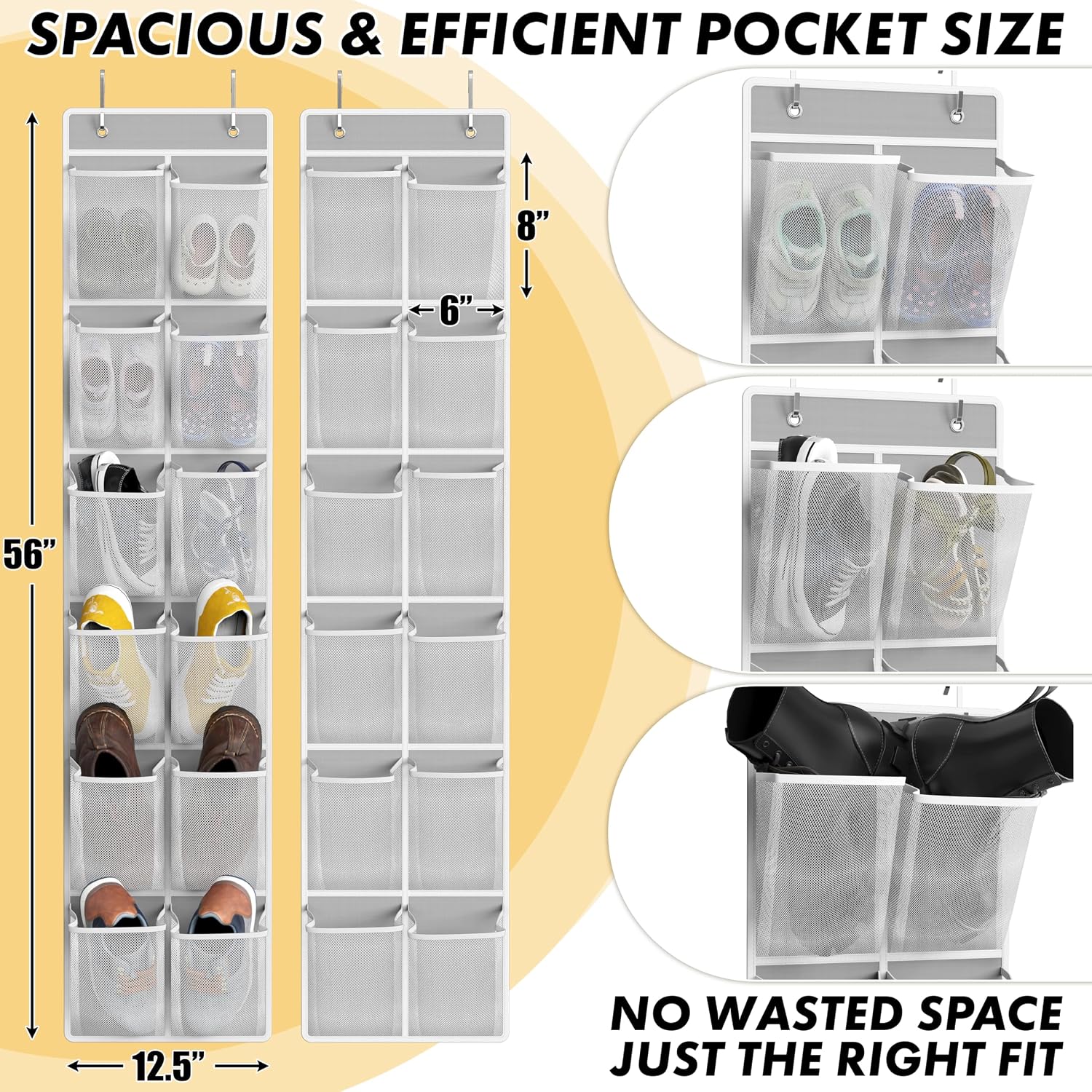 Simple Houseware 12 Pockets Large Over Door Shoe Organizer, 2 Pack, Gray | Total 24 Pockets, 56" x 12.5", Fits Standard & Narrow Door, 4 Durable Metal Hooks, 6" x 8" Pocket Size, Multipurpose