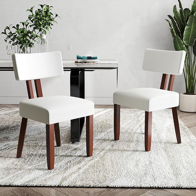 GOTMINSI Mid Century Modern Dining Chairs,Velvet Farmhouse Upholstered Kitchen Chairs, Accent Curved Backrest Dining Room Chairs with Hardwood Legs (Beige-Walnut Legs, 4PCS)
