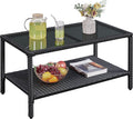 Yaheetech Outdoor Wicker Coffee Side Table with Tempered Glass Top, Black | All-Weather Rattan Patio Storage Furniture for Garden