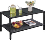 Yaheetech Outdoor Wicker Coffee Side Table with Tempered Glass Top, Black | All-Weather Rattan Patio Storage Furniture for Garden