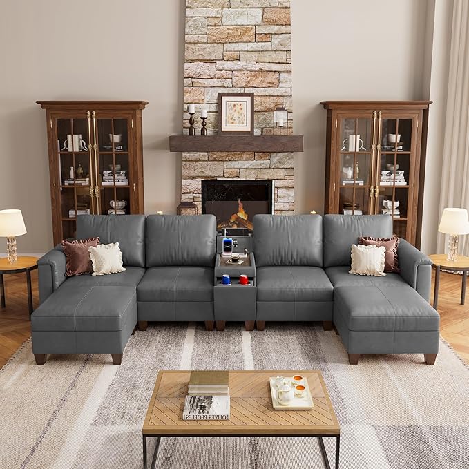 SITJOY 132" Faux Leather Modular Sectional Sofa with Storage, Mid Century Modern Sectional Couches for Living Room, 6 Seat U Shaped Couch with Ottoman and Console Table, Hidden Cupholders, Gray