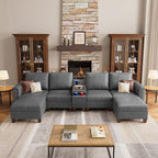 SITJOY 132" Faux Leather Modular Sectional Sofa with Storage, Mid Century Modern Sectional Couches for Living Room, 6 Seat U Shaped Couch with Ottoman and Console Table, Hidden Cupholders, Gray