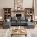 SITJOY 132" Faux Leather Modular Sectional Sofa with Storage, Mid Century Modern Sectional Couches for Living Room, 6 Seat U Shaped Couch with Chaise and Console Table, Hidden Cupholders, Gray