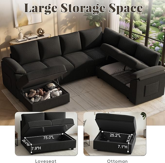 108 Inch Sectional Sleeper Sofa Bed with Pull Out Couch, U Shaped 7 Seat Cloud Modular Sectional Sofa with Storage, Corduroy Sectional Couches for Living Room, Removable Sofa Cover, Black