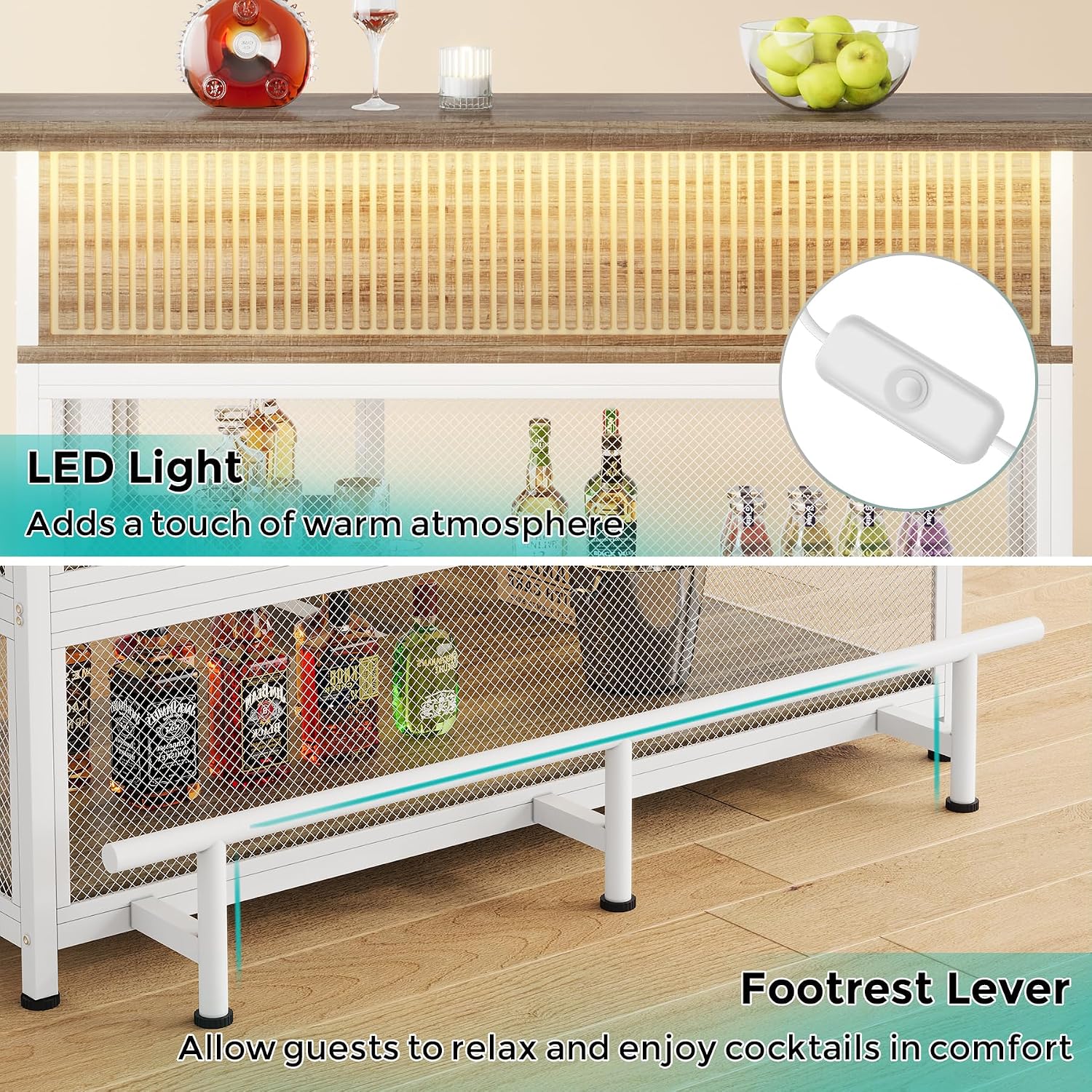 L-Shaped Home Bar Unit, Bar Table with Storage, Brown & White | Wine Glasses Holder and LED Light, Kitchen & Dining Counter Tables for Home, Pub