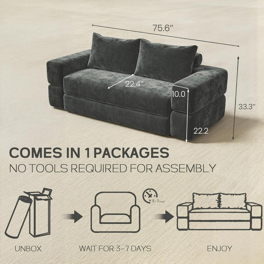 75'' convertible Sofa Couch Bed Queen, Foldable Boneless Couch Sleeper Sofa | 4-in-1 Pull Out Futon Mattress Floor Couch with Large Pillow , No Assembly for Living Room/Bedroom, Chenille, Dark Gray