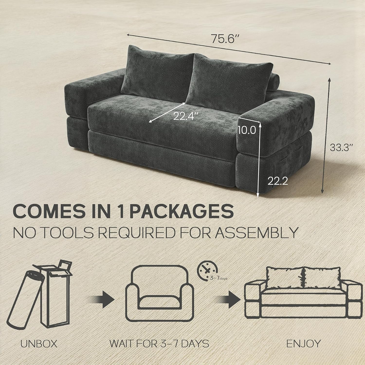 75'' convertible Sofa Couch Bed Queen, Foldable Boneless Couch Sleeper Sofa | 4-in-1 Pull Out Futon Mattress Floor Couch with Large Pillow , No Assembly for Living Room/Bedroom, Chenille, Dark Gray