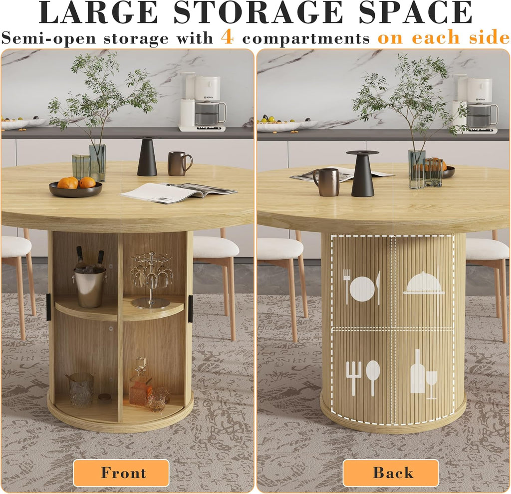 35.5'' Round Pedestal Dining Table, 2-4 Modern Fluted Dining Room Kitchen Table with Storage Shelf, Wood Base Dinner Tables for Kitchen, Breakfast Nook, Small Space, Living Room(Natural)