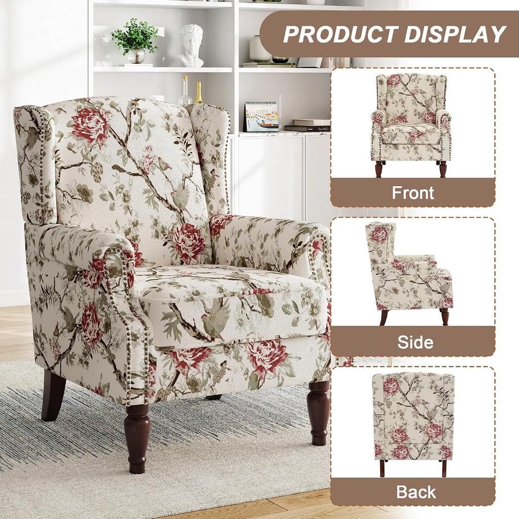 High Back Floral Accent Chair - Retro Wingback Upholstered Armchair with Nailhead Trim, Solid Wood Legs, Fabric Living Room Bedroom Reading Chair (Flower Beige)