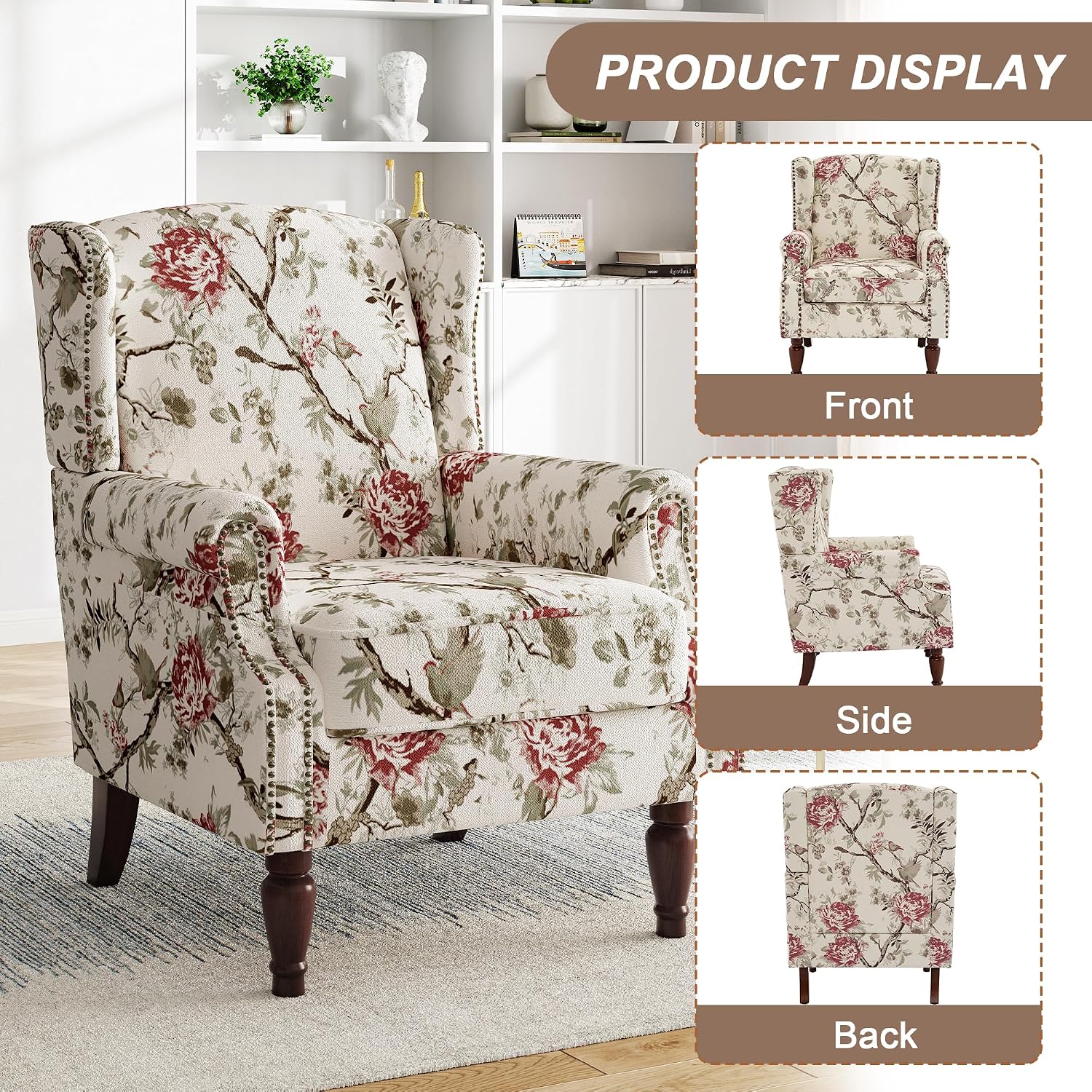 High Back Floral Accent Chair - Retro Wingback Upholstered Armchair with Nailhead Trim, Solid Wood Legs, Fabric Living Room Bedroom Reading Chair (Flower Beige)