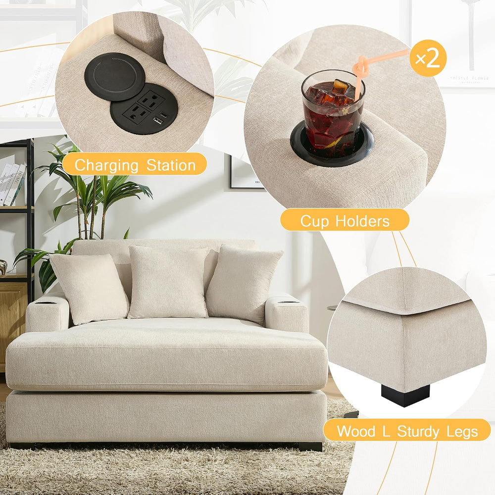 Merax Modern 55" Chaise Lounge with Pillow, Charge Station & Cup Hol...
