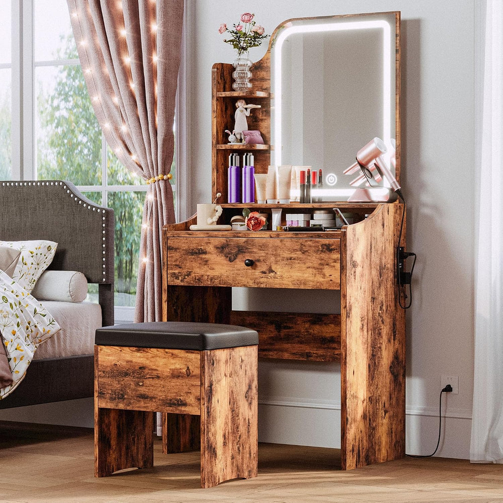 LIKIMIO Small Vanity Desk with Mirror Lights and Storage Stool | Vintage brow...