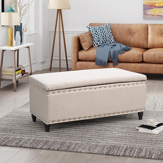 Storage Ottoman Bench,End of Bed Stool w/Safety Hinge & Nailhead Accents,Bedroom Upholstered Footrest,for Entryway,Living Room, Bed Room, Wheat,42inch