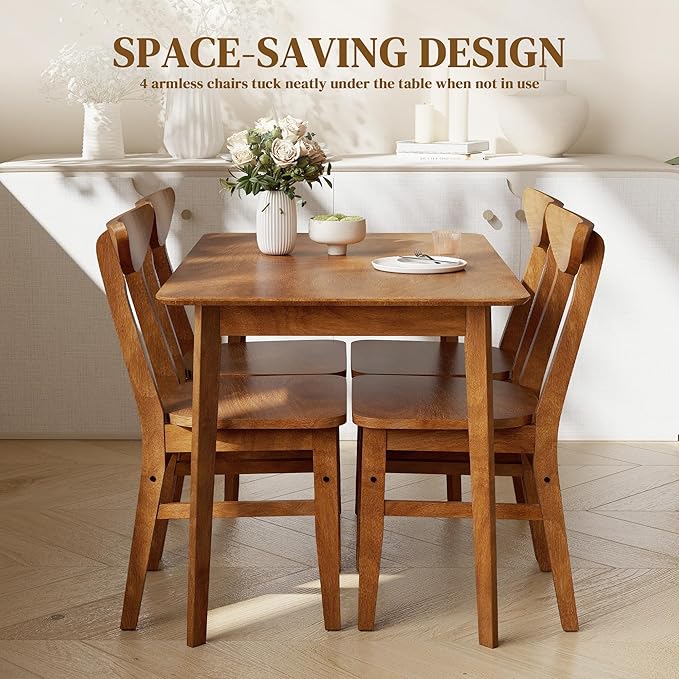 HOMCOM 5-Piece Solid Wood Dining Table Set for 4, Modern Farmhouse Kitchen Table and Chairs for Small Space, Dining Room, Breakfast Nook, Walnut