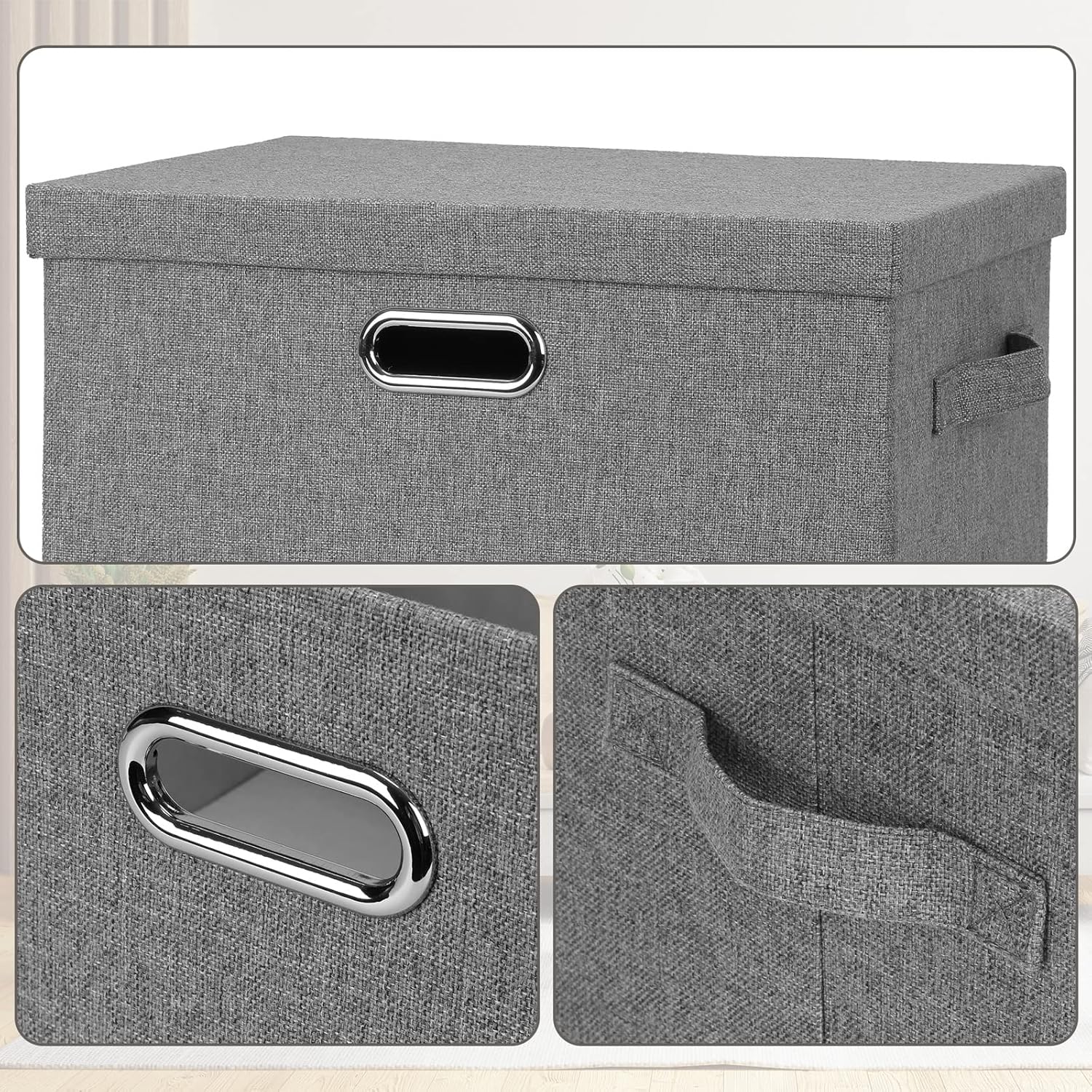 Large 17" 36 Quart Collapsible Stackable Storage Bins with Lids, 3 Packs Grey Linen Fabric Closet Boxes with Lids, Storage Cube Baskets Container Organizers for Bedroom Office(17 x12 x11)