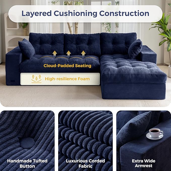MAXYOYO 104" L Shaped Modular Sectional Sofa with Ottoman, Tufted Boneless Couch with Layered Cushion, Upholstered Flexible Module Combination Sofa for Living Room, No Assembly, Navy
