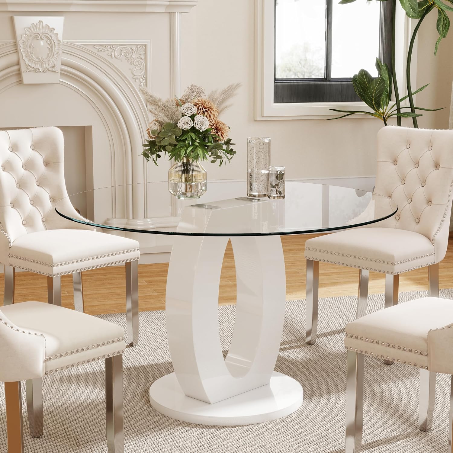RGZ 39'' Modern Luxury Glass Round Dining Table for 4-6, Clear Circle Glass Top Kitchen Table with White MDF Base, Small Circular Minimalist Apartment Dinner Table for Home, Living Room, Tea