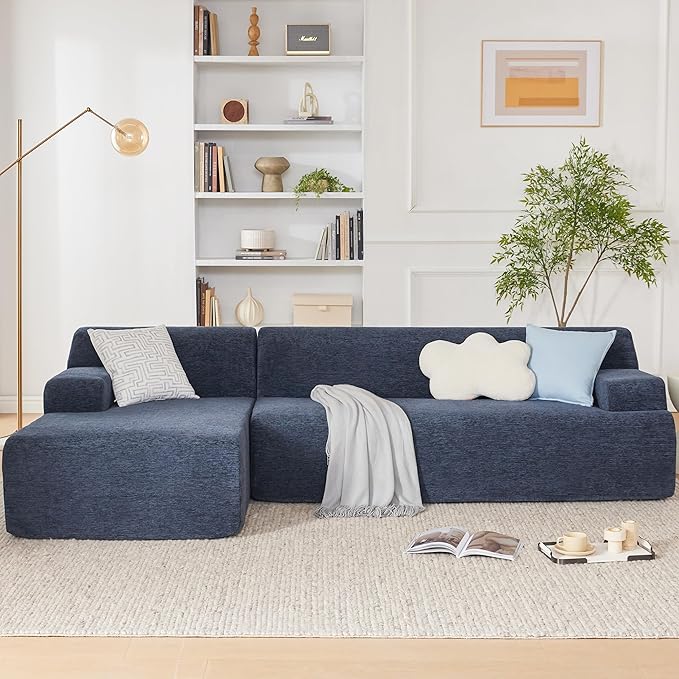 107" Modular Sectional Cloud Couch, Boneless couches Sponge sectionals for Living Room, High Density Sponges Sofa, Modular L-Shape with Chaise, Blue