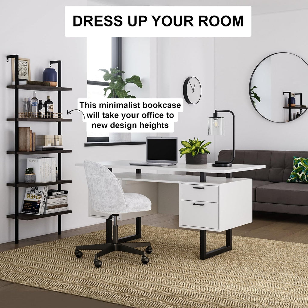 Nathan James Theo 5-Shelf Wood Modern Bookcase, Open Wall Mount Ladder Bookshelf with Industrial Metal Frame, Dark Walnut Brown/Black, Set of 4