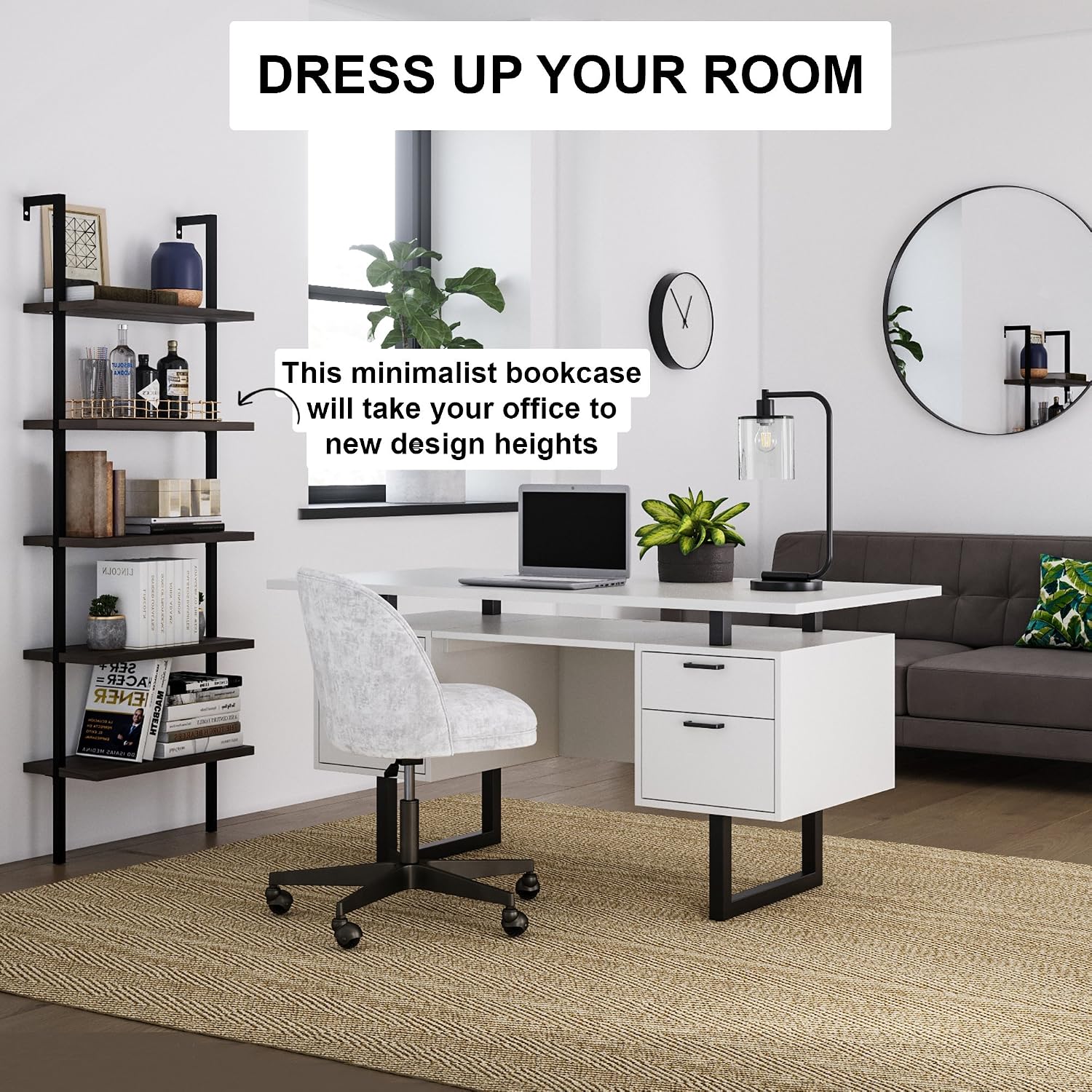 Nathan James Theo 5-Shelf Wood Modern Bookcase, Open Wall Mount Ladder Bookshelf with Industrial Metal Frame, Dark Walnut Brown/Black, Set of 4
