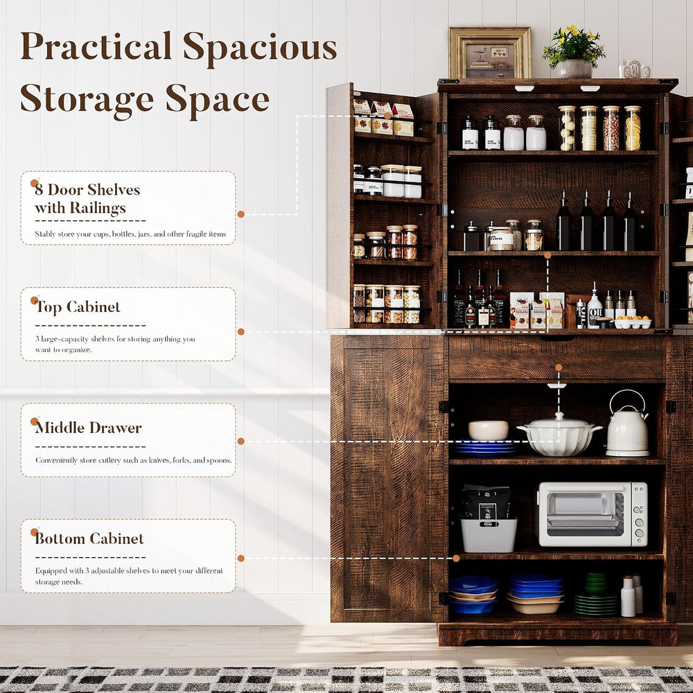 HOMPUS 71" Tall Kitchen Pantry Cabinet with Doors and Drawer, Farmhouse ...