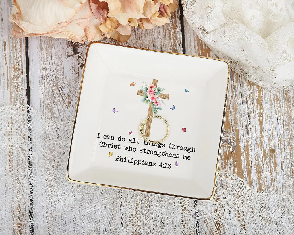 Inspirational Bible Verse Jewelry Dish,4" Ceramic Jewelry Tray Christian Gifts for Women, Religious Gifts for Mom, Daughter, Sister, Friends - Birthday, Confirmation, Catholic Gift for Her, Teen Girls