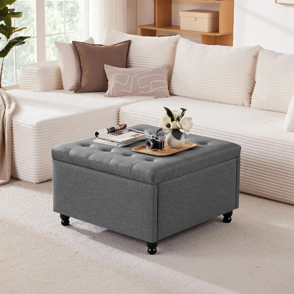 28" Large Square Ottoman with Storage, Fabric Ottoman Coffee Table, Grey...