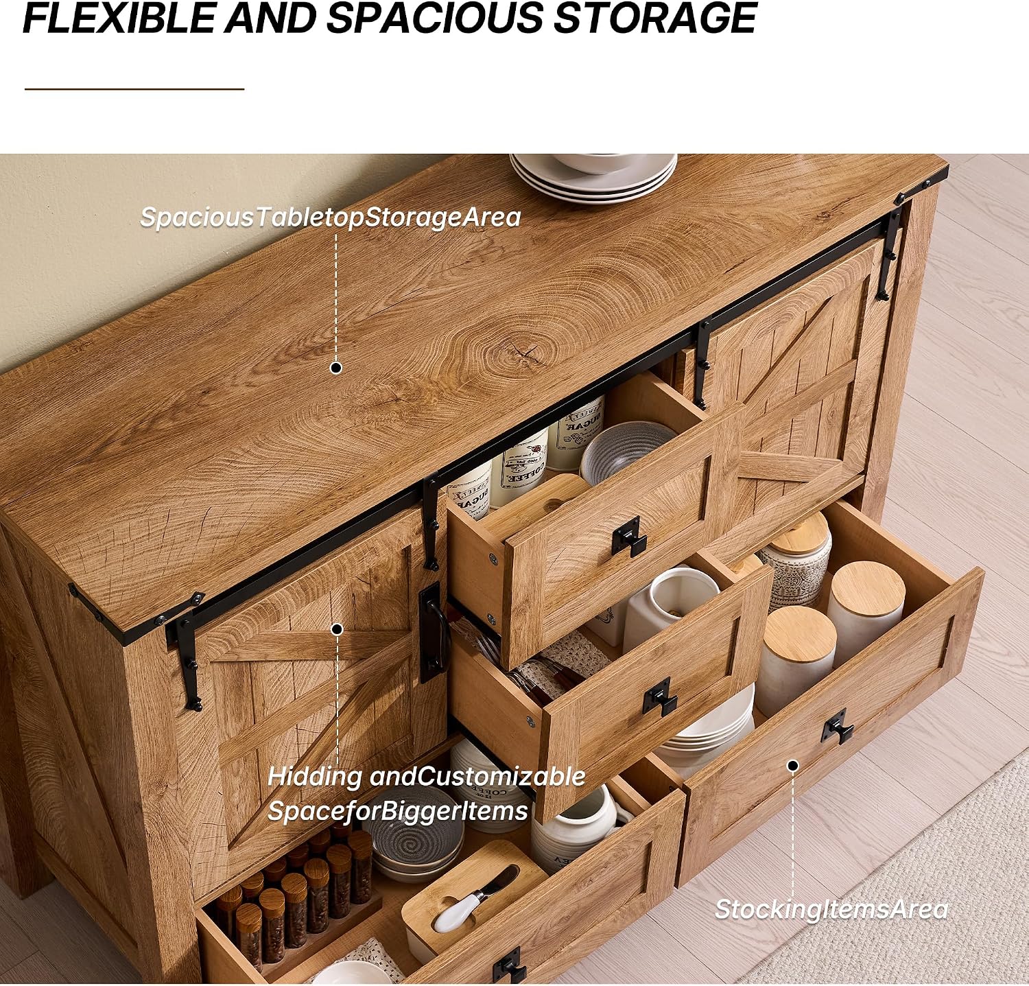 T4TREAM 48" Wide Farmhouse Sideboard Buffet Cabinet, Light Tree Knot | 31.2" Tall Kitchen Cabinet with Storage, 2 Sliding Barn Doors, 4 Drawers, Rustic Wood, Coffee Bar Table, Dining Room